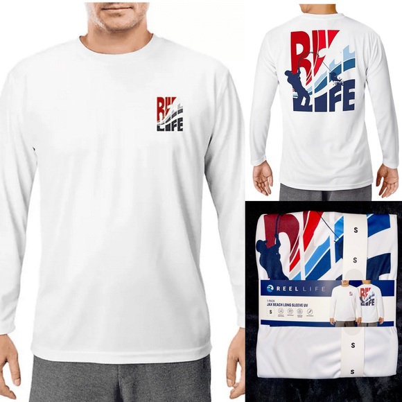 Men's UV 50+ White Long Sleeve Shirt “REEL LIFE” - Picture 1 of 6